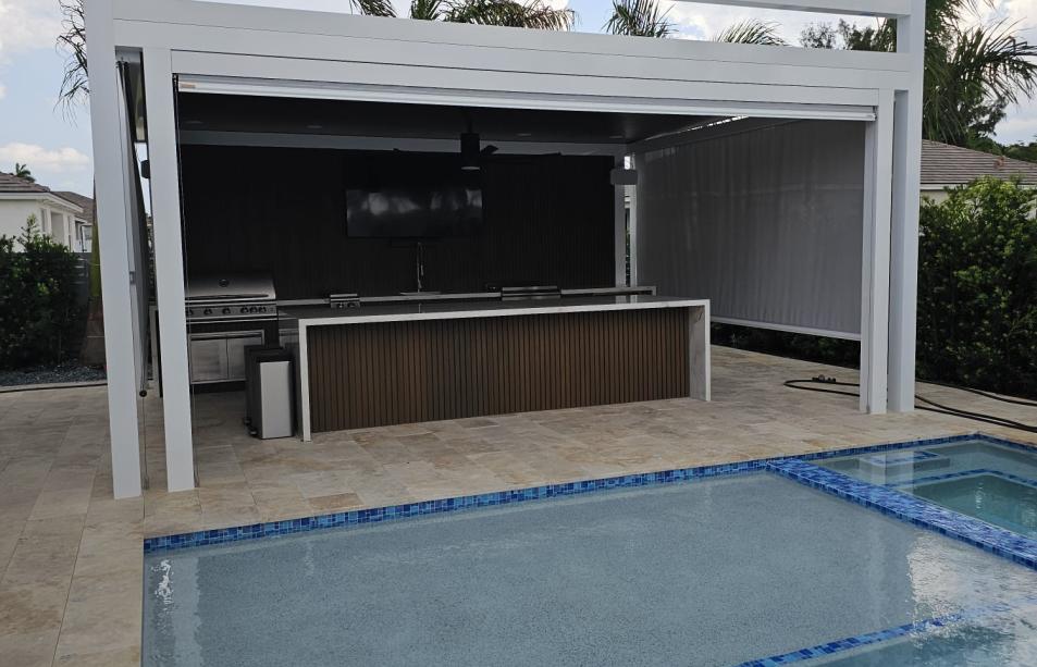 Modern pergola with imitation wood and outdoor kitchen