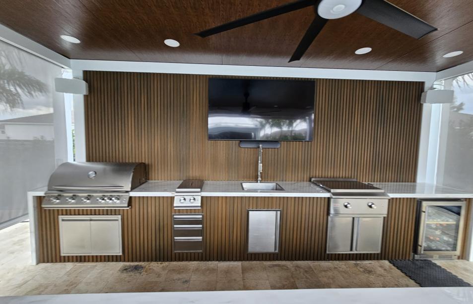 Modern pergola with imitation wood and outdoor kitchen