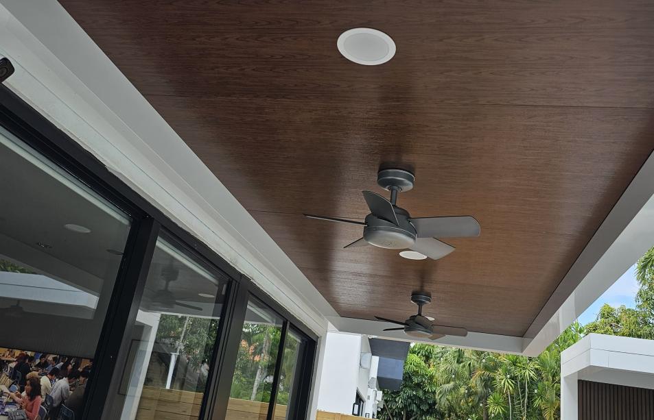 Terrace, pergola and outdoor kitchen set with predominant white color