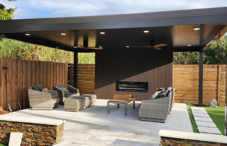 Modern aluminum pergola with outdoor kitchen and LED lighting system