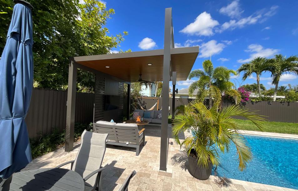 Modern pergola simulation wood and bronze