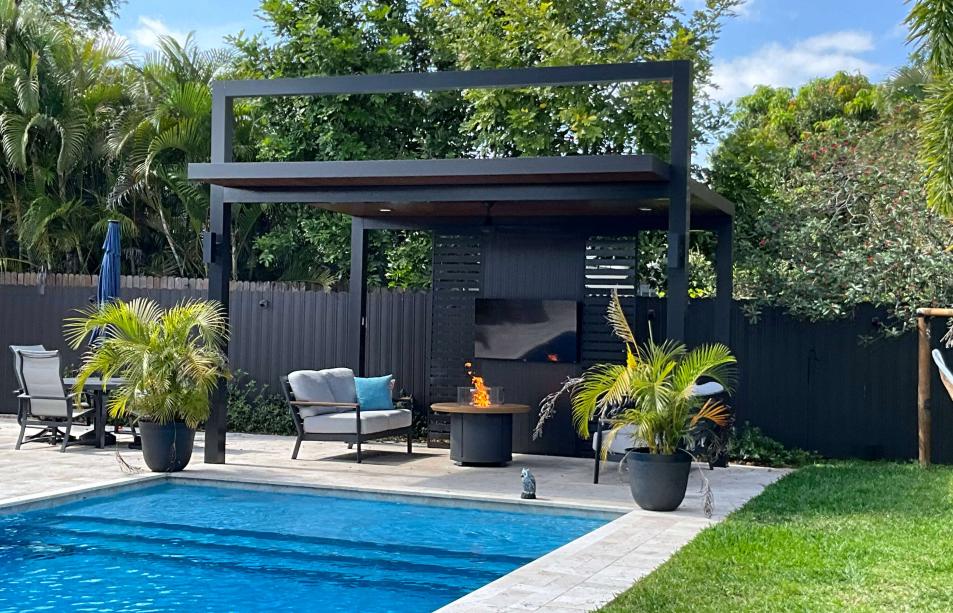 Modern pergola simulation wood and bronze