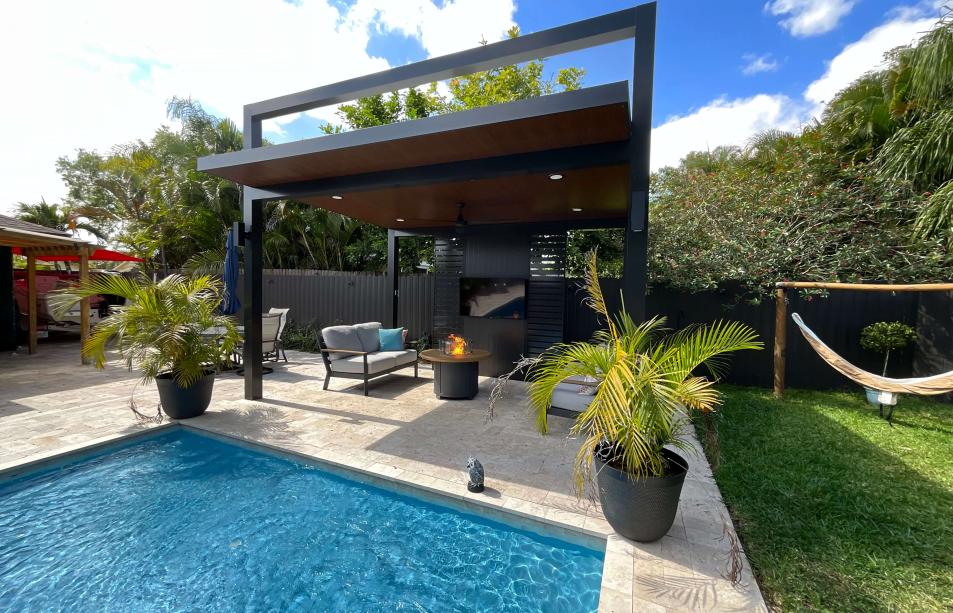 Modern pergola simulation wood and bronze